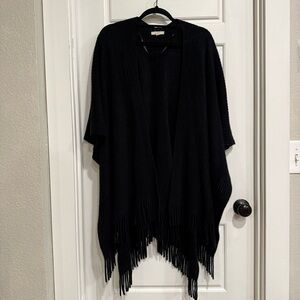 LOFT Black Fringe Poncho One Size Knit Shawl Wrap Open Front Boho
